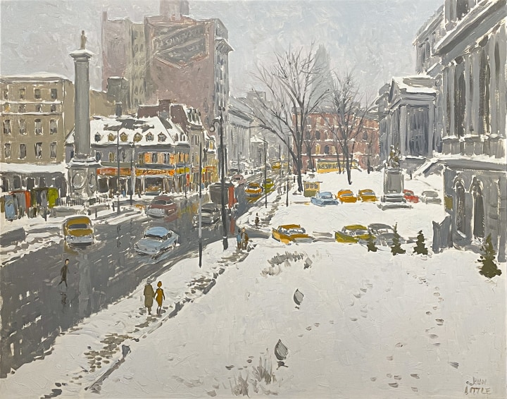 John Little 1928-2024Place Jacques-Cartier et ses alentours, Montréal, 1959 (circa) signed, ‘JOHN LITTLE’ (lower right) Oil on masonite 24 x 30 in 61 x 76.2 cm