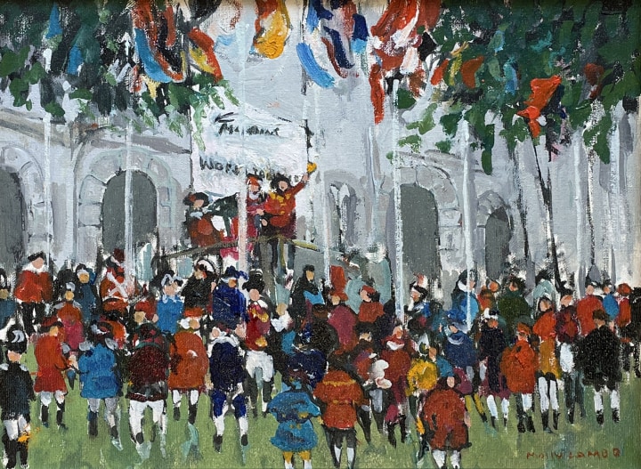 Molly Lamb Bobak 1920-2014Town Crier Competition, 1991 signed, ‘MOLLY LAMB B.’ (lower right); inscribed and titled, ‘ 91-0043 TOWN CRIER/ COMPETION [sic]’ (verso, upper horizontal stretcher) Oil on canvas 12 x 16 in 30.5 x 40.6 cm