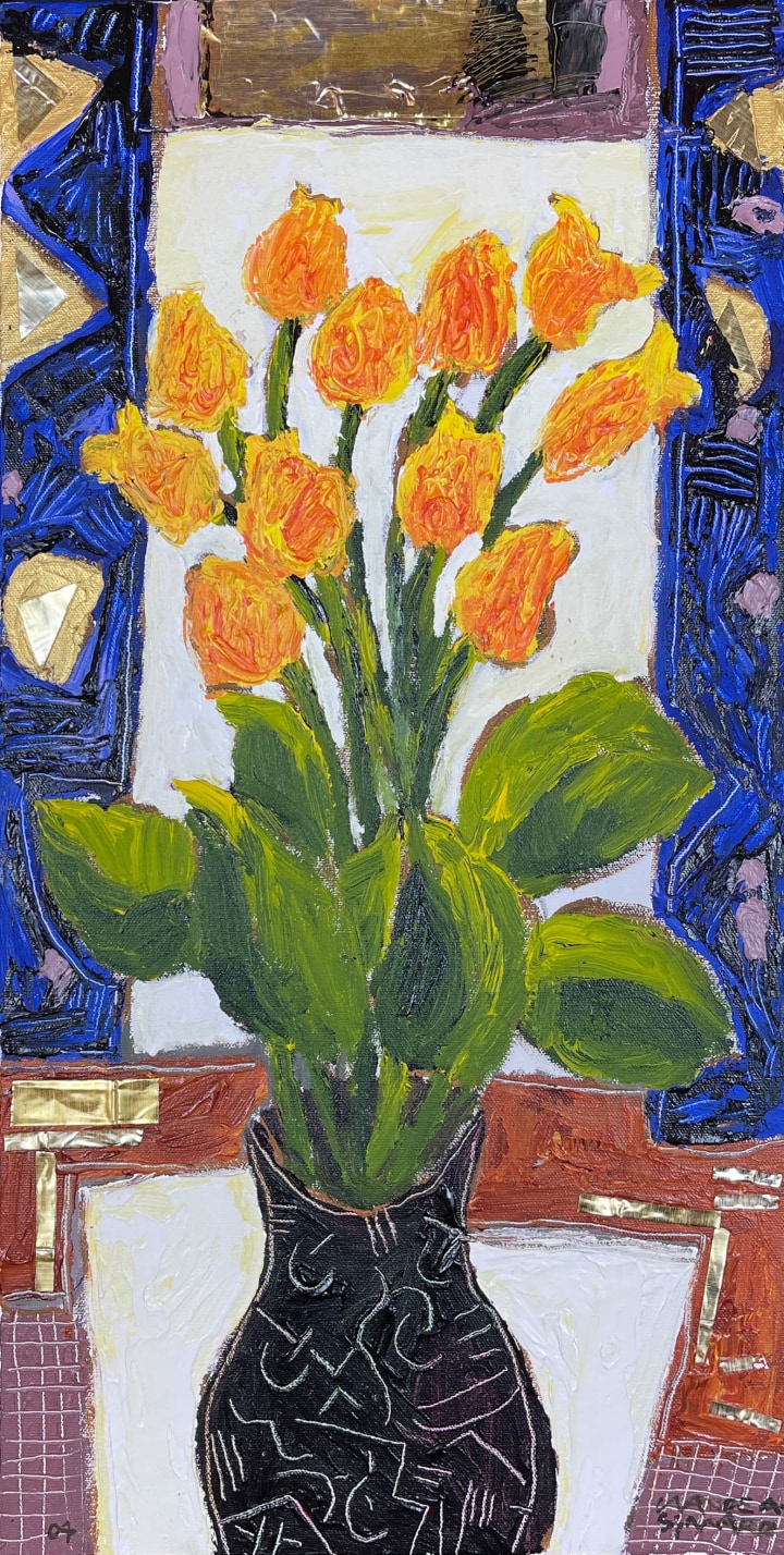 Claude A. Simard Orange Tulips, 2004 Acrylic and collage on canvas 24 x 12 in 61 x 30.5 cm