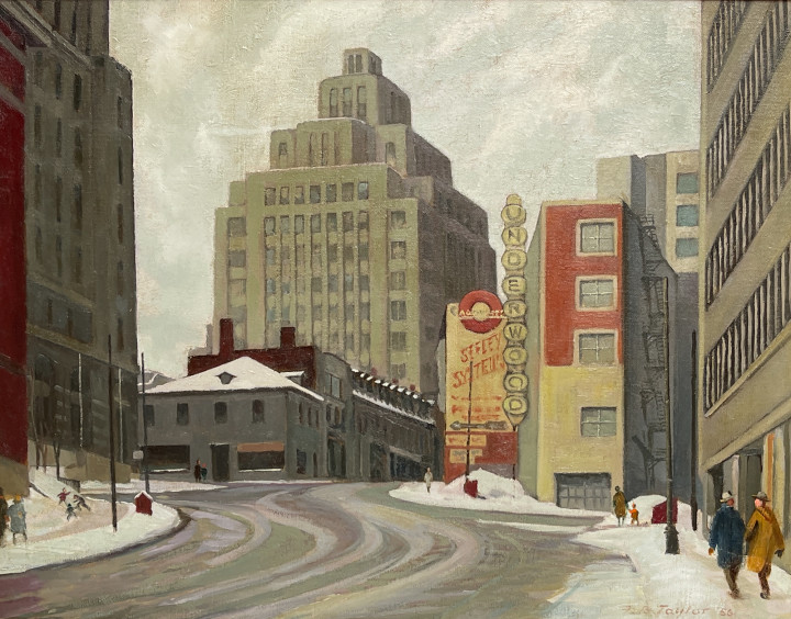 Frederick B. Taylor Looking up Beaver Hall Hill, 1956 Oil on canvas 16 x 20 in 40.6 x 50.8 cm This work is included in the Frederick B. Taylor Inventory of Alan Klinkhoff Gallery, no. 15-49