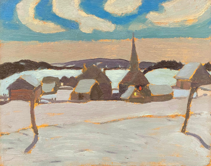 Albert H. Robinson Charlevoix County, 1929 (circa) Oil on panel 8 x 10 1/2 in 20.3 x 26.7 cm On the reverse is the Galerie Walter Klinkhoff Retrospective exhibition label and an endorsement by Gerald Stevens. Stevens was a prominent art dealer, a partner in and later owner of The Stevens Art Gallery in Montreal. He was an acquaintance of F.S. Coburn, and wrote Frederick Simpson Coburn (1958), the introduction to which was penned by A.Y. Jackson.