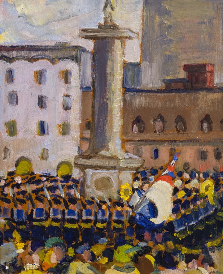 Nora Collyer Trafalgar Day, Place Jacques Cartier, Montreal Oil on board 10 1/2 x 8 5/8 in 26.8 x 22 cm