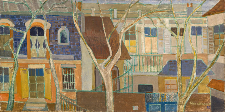 Tobie Steinhouse La petite cour, 1950 Oil on jute 19 7/8 x 39 in 50.4 x 99.1 cm