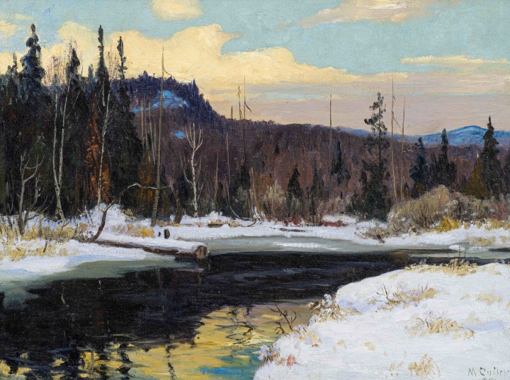 Maurice Cullen Winter on the Caché River Oil on canvas 18 x 24 in 45.7 x 61 cm Alan Klinkhoff Gallery Cullen Inventory No. AK1465.