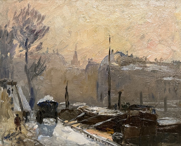 Maurice Cullen Winter, Paris, 1902 Oil on canvas 8 5/8 x 10 5/8 in 22 x 27 cm Alan Klinkhoff Gallery Cullen Inventory No. AKG0160. Walter Klinkhoff Gallery Cullen Inventory No. 160.