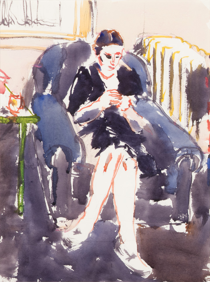 David Milne Sewing I, Toronto, 1940 Watercolour on paper 15 x 11 1/8 in 38.1 x 28.3 cm This work is included in the David B. Milne Catalogue Raisonne of the Paintings compiled by David Milne Jr. and David P. Silcox, vol. 2, no.401.40.