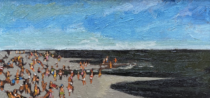 Molly Lamb Bobak Prince Edward Island Beach Oil on canvas board 6 x 12 in 15.2 x 30.5 cm