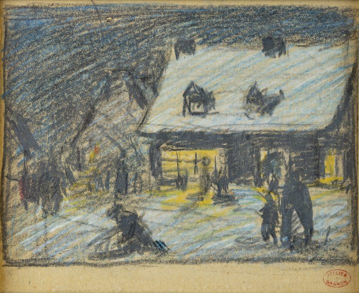 Clarence A. Gagnon 1881-1942Scène de Baie Saint-Paul stamped in red ink, “Atelier / Gagnon” (lower right). Gouache 4 1/2 x 6 in 11.4 x 15.2 cm