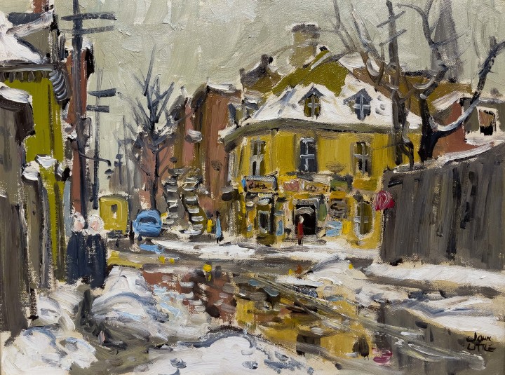 John Little Chez Therese, Rue Beaudry at Lagauchetiere, 1960 Oil on canvas board 12 x 16 in 30.5 x 40.6 cm