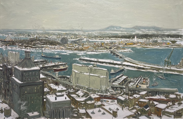 John Little One month until Expo-Montreal Harbour from Place Victoria, 1967 (March) Oil on canvas 24 x 36 in 61 x 91.4 cm