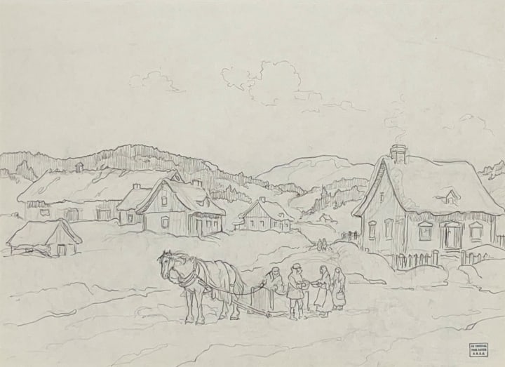 Paul Caron Village Scene near Baie St. Paul, Qué. Graphite drawing 10 3/8 x 15 in 26.4 x 38.1 cm