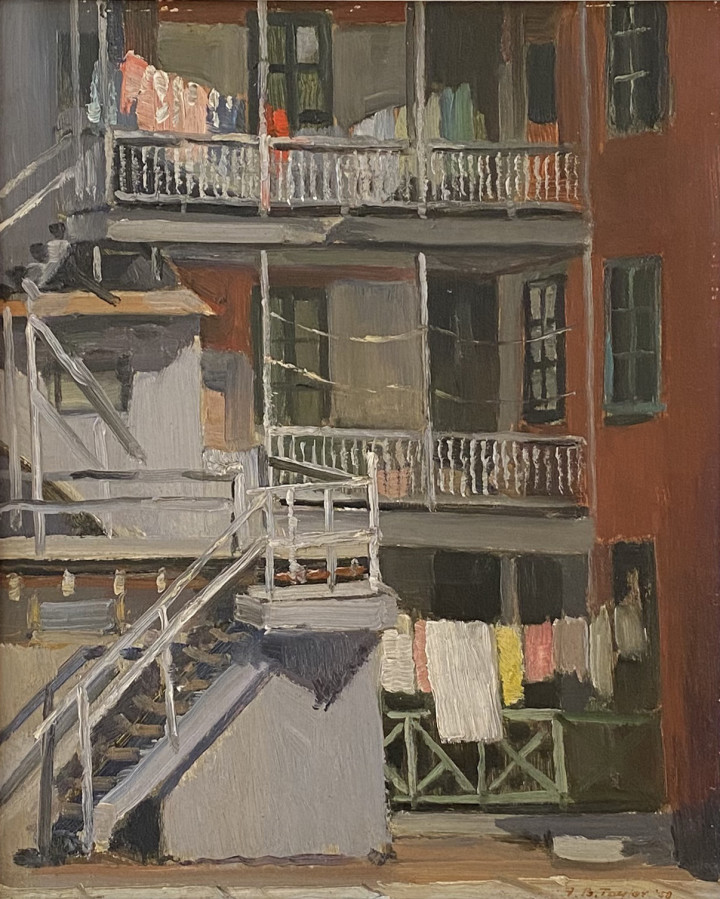 Frederick B. Taylor Back Galleries, Dorchester Street, 1958 (May 12) Oil on panel 10 3/8 x 8 3/8 in 26.4 x 21.3 cm This work is included in the Alan Klinkhoff Gallery Frederick Taylor Inventory, no. 16-81