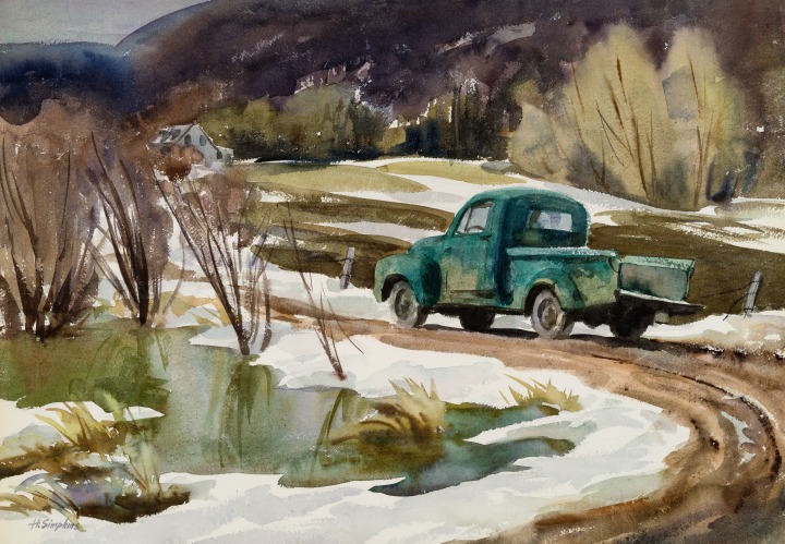 Henry J. Simpkins Green Pickup - Camionnette verte Watercolour - Aquarelle 20 3/4 x 29 3/4 in 52.7 x 75.6 cm