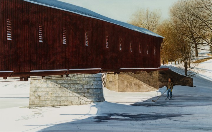 Ken Danby Kissing Bridge (West Montrose, Ontario), 1996 Watercolour 23 1/4 x 36 3/4 in 59.1 x 93.3 cm