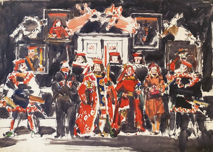 David Milne King, Queen, and Jokers VI: It's a Democratic Age (Uxbridge, Ontario), 1943-1944 (circa) Watercolour on paper 22 x 30 1/2 in 55.9 x 77.5 cm This work is included in the David B. Milne Catalogue Raisonne of the Paintings compiled by David Milne Jr. and David P. Silcox, Vol. 2, no. 404.94.