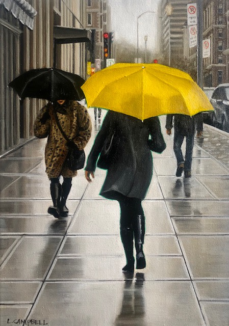 Laurie Campbell Yellow Umbrella (Sherbrooke West), 2021 Oil on canvas 14 x 10 in 35.6 x 25.4 cm