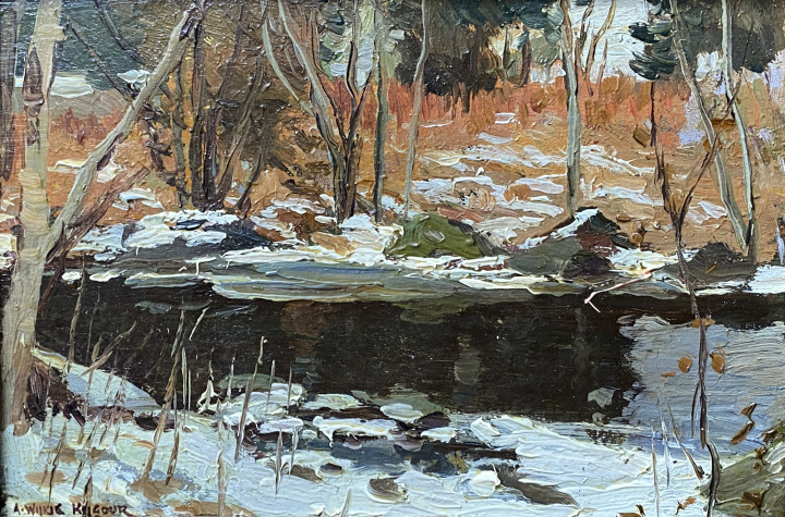 A. Wilkie Kilgour The Fishing Pool, Montfort, P.Q., 1927 Oil on panel 4 7/8 x 7 in 12.4 x 17.8 cm