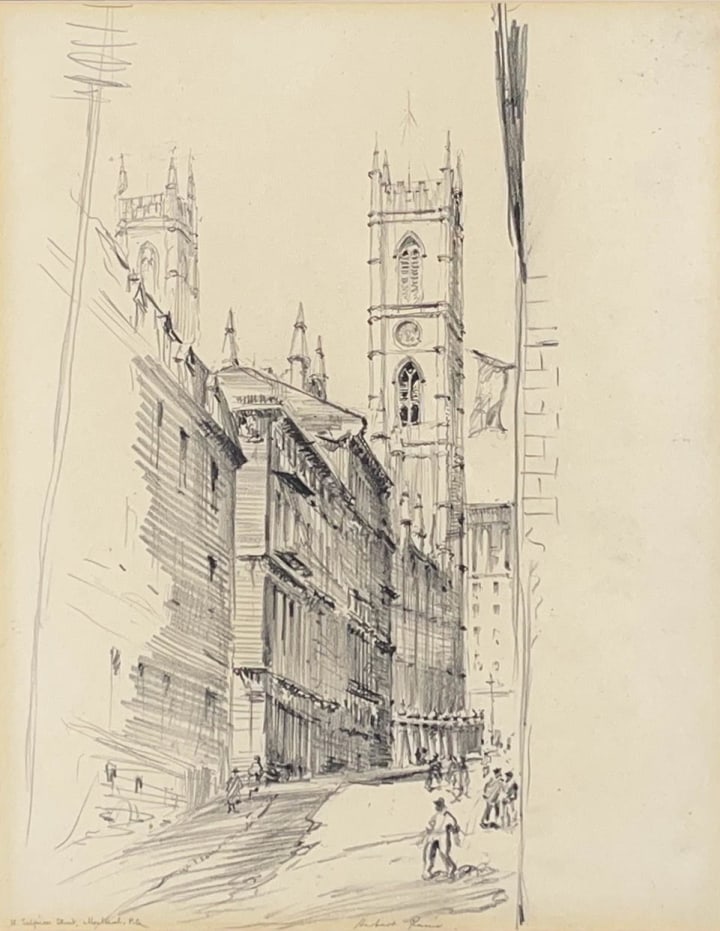 Herbert Raine St. Sulpice Street, Montreal Pencil drawing 10 5/8 x 8 1/4 in 27 x 21 cm