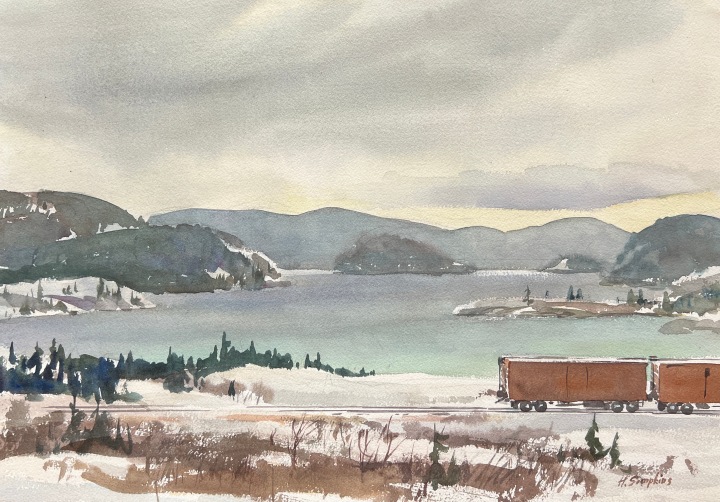 Henry J. Simpkins Boxcars, Lake of the Woods Watercolour 14 1/8 x 20 1/8 in 35.7 x 51.2 cm