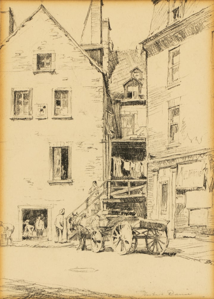 Herbert Raine Old House. Champlain Market, Quebec. Pencil Drawing 7 1/8 x 5 1/8 in 18 x 13 cm