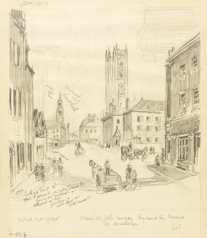 Anonymous Looking East to Place D’Armes on Notre-Dame Street, a 20th century drawing, presumably copied from an engraving of a 19th century scene Pencil drawing 11 3/4 x 10 3/8 in 30 x 26.5 cm