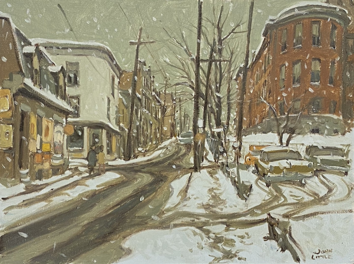 John Little Rue St. Dominique at la Gauchetière, Montreal, 1966 Oil on canvas board 12 x 16 in 30.5 x 40.6 cm