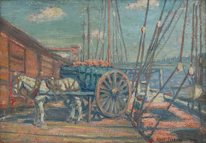 Albert H. Robinson 1881-1956Unloading Bricks in Harbor, Montreal, P.Q., 1908 signed and dated, 'Albert Robinson 1908.' (lower right); inscribed, '15802' (verso, upper right corner); titled and signed by the artist, 'UNLOADING BRICKS IN HARBOR / MONTREAL P.Q. / Albert H. Robinson (verso, centre) Oil on canvas 12 1/4 x 16 7/8 in 31 x 43 cm