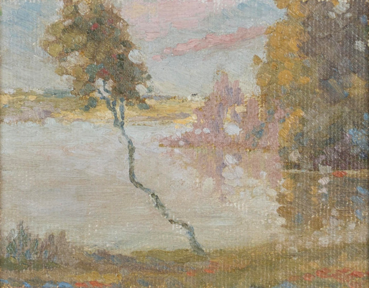 Lionel LeMoine FitzGerald Manitoba Scene Oil on canvas board 4 1/2 x 5 1/2 in 11.4 x 14 cm