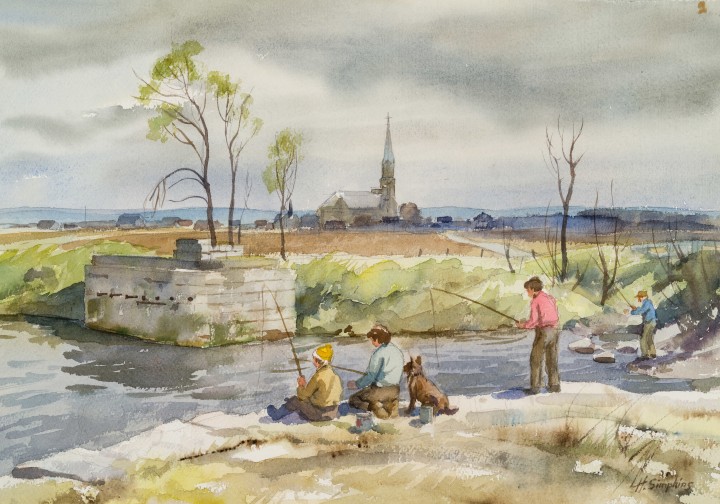 Henry J. Simpkins Fishing on the Canal - Pêche sur le canal Watercolour - Aquarelle 14 x 20 in 35.7 x 50.9 cm