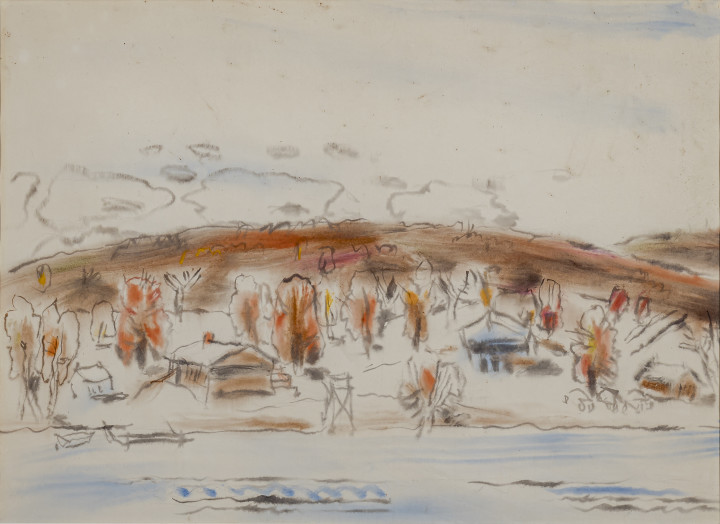 David Milne Bear Camp V (Baptiste Lake, Ontario), 1950 (circa February 23) Watercolour on paper 19 x 25 3/4 in 48.3 x 65.4 cm This work is included in the David B. Milne Catalogue Raisonne of the Paintings compiled by David Milne Jr. and David P. Silcox, Vol. 2, no. 502.26.