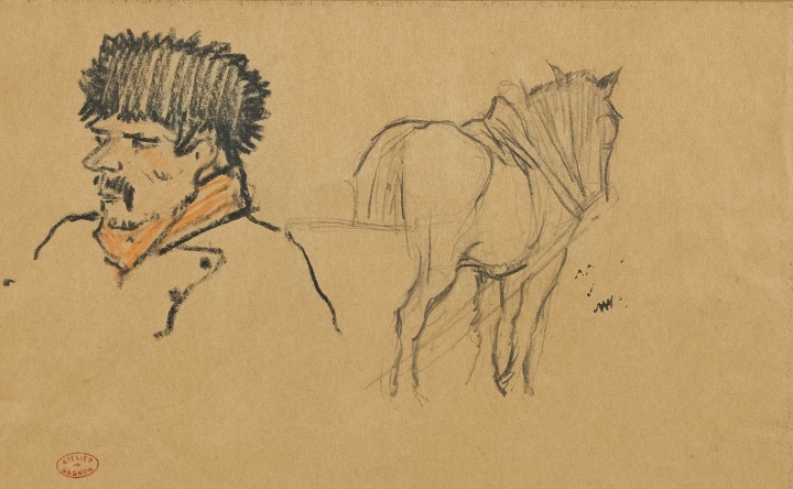 Clarence A. Gagnon Étude d'un cocher et son cheval Mixed media 5 1/4 x 8 3/4 in 13.3 x 22.2 cm