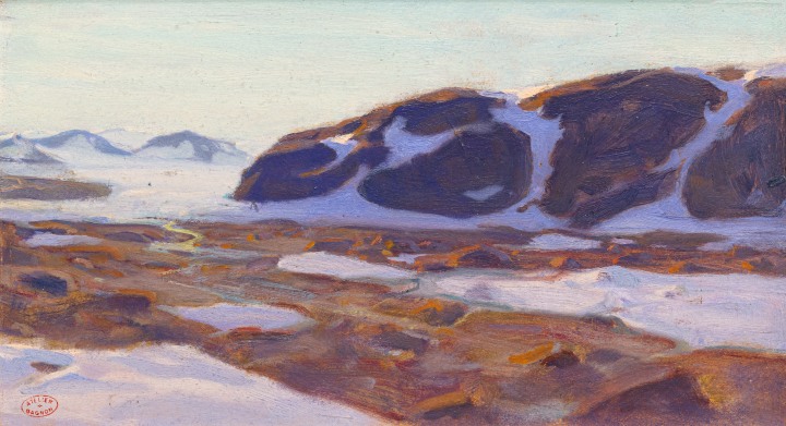 Clarence A. Gagnon Paysage du Nord Oil on cardboard 5 1/2 x 10 in 14 x 25.4 cm