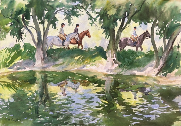 Henry J. Simpkins Three Horses Through Wood Watercolour 21 1/8 x 29 3/4 in 53.5 x 75.4 cm