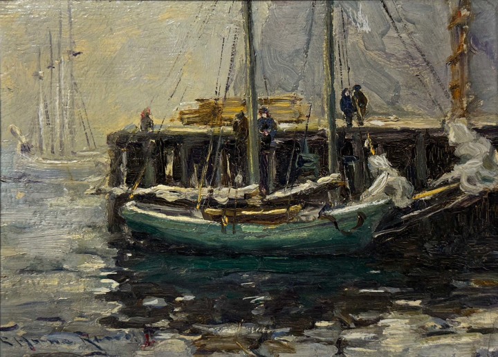 G. Horne Russell Schooner at the Wharf Oil on board 6 1/4 x 8 3/4 in 15.9 x 22.2 cm