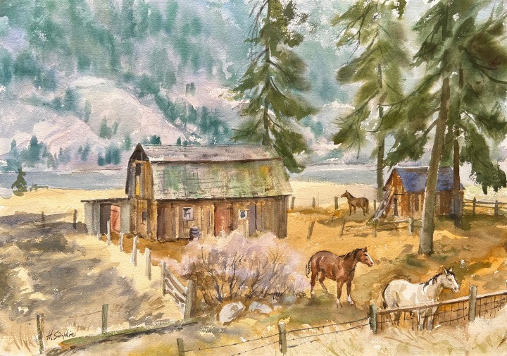 Henry J. Simpkins Small Farm on Skaha Lake (British Columbia) Watercolour 20 7/8 x 29 5/8 in 53 x 75.3 cm