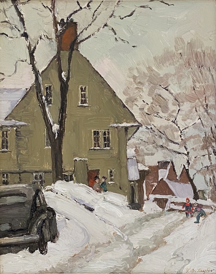 Frederick B. Taylor Looking Southwest at that end of Trafalgar Ave., Montreal, 1950 (December 17) Oil on panel 10 3/8 x 8 3/8 in 26.4 x 21.3 cm This work is included in the Alan Klinkhoff Gallery Frederick Taylor Inventory, no. 1217