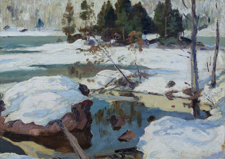 Robert Pilot 1898-1967Early Spring, Val Morin, 1945 signed, 'R.W. PILOT' (lower right); titled and signed, 'Early Spring Val-Morin PQ / R. Pilot' (recto, centre) Oil on panel - Huile sur panneau 8 x 11 in 20.3 x 27.9 cm