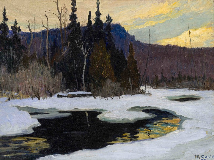 Maurice Cullen Early March on the Cache Rivière, 1929 Oil on canvas 18 x 24 in 45.7 x 61 cm Alan Klinkhoff Gallery Cullen Inventory No. AK1334. Walter Klinkhoff Gallery Cullen Inventory No. 1334.