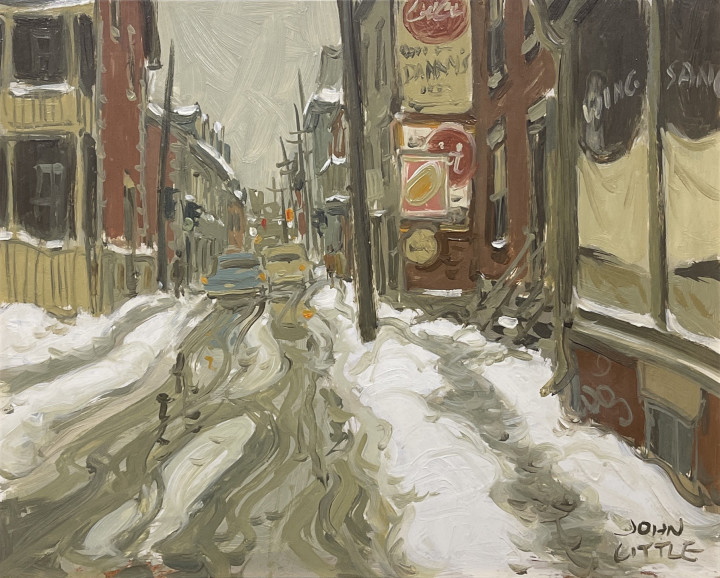 John Little Rue la Gauchetière at Rue d'Hôtel de Ville, Montréal, 1963 (circa) Oil on panel 8 x 10 in 20.3 x 25.4 cm