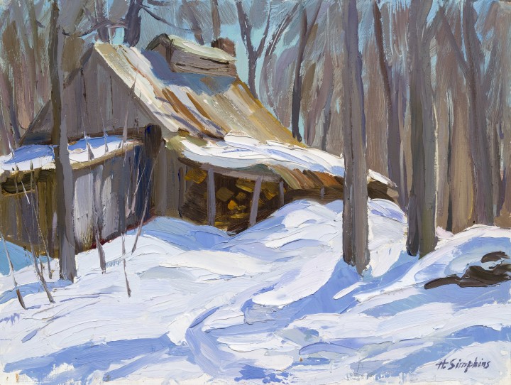 Henry J. Simpkins Sugar Camp with Woodshed - Cabane à sucre et bûcher Oil on masonite - Huile sur masonite 12 x 16 in 30.4 x 40.6 cm