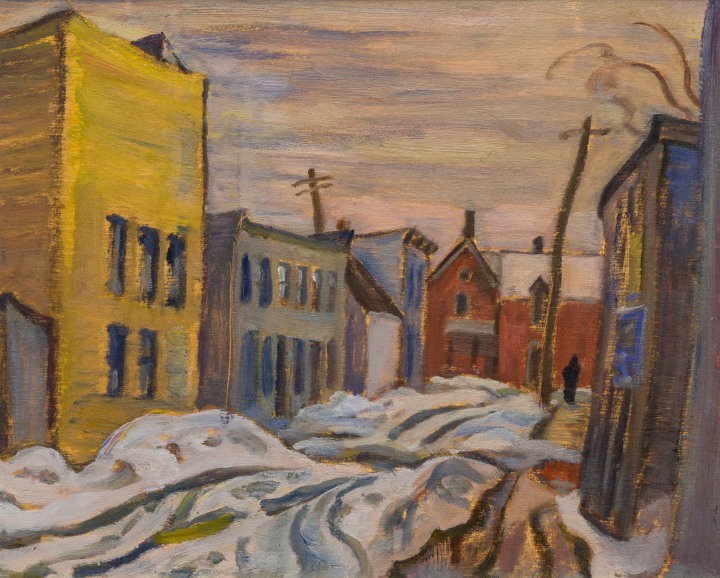 A.Y. Jackson Street in St. Hyacinthe, Quebec, 1939 (April) Oil on double-sided panel 8 1/2 x 10 1/2 in 21.6 x 26.7 cm