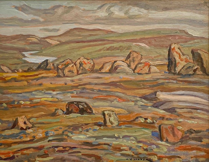 A.Y. Jackson September Mountains, N.W.T, 1951 Oil on board 10 1/2 x 13 1/2 in 26.7 x 34.3 cm
