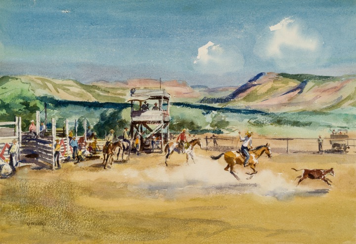 Henry J. Simpkins The Rodeo - Le rodéo Watercolour - Aquarelle 19 7/8 x 29 in 50.6 x 73.6 cm