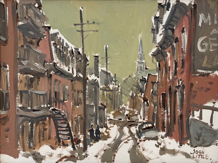 John Little Rue de la Visitation avec Eglise St-Pierre, Montreal, 1961 Oil on canvas board 12 x 16 in 30.5 x 40.6 cm