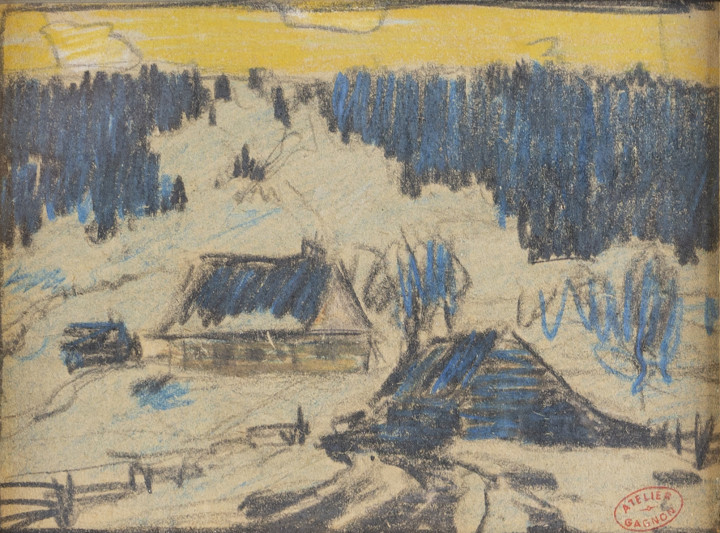 Clarence A. Gagnon 1881-1942Paysage en Hiver, Baie St. Paul stamped in red ink, ‘Atelier / Gagnon’ (lower right) Gouache 3 5/8 x 5 in 9.2 x 12.7 cm