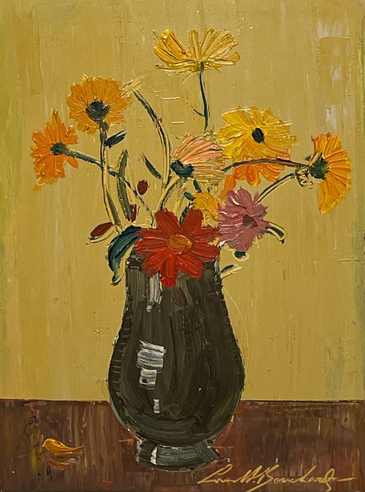 Lorne Bouchard Floral Arrangement, 1973 (August) Oil on board 6 1/2 x 4 1/2 in 16.5 x 11.4 cm