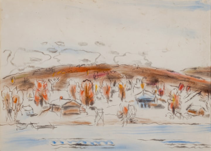 David Milne Bear Camp V (Baptiste Lake, Ontario), 1950 (circa February 23) Watercolour on paper 19 x 25 3/4 in 48.3 x 65.4 cm This work is included in the David B. Milne Catalogue Raisonné of the Paintings compiled by David Milne Jr. and David P. Silcox, Vol. 2, no. 502.26.
