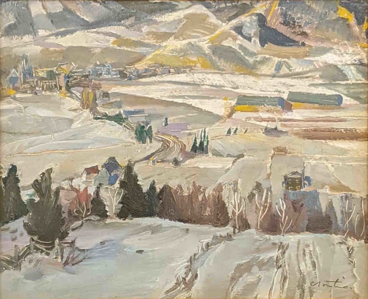 Albert Cloutier Winter, Baie St. Paul Oil on panel 8 1/2 x 10 3/8 in 21.5 x 26.5 cm