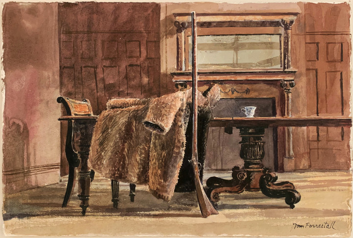 Tom Forrestall Untitled (Artist's Dining Table with Kentucky Rifle and Fur Coat) Watercolour on paper 15 x 22 1/2 in 38.1 x 57.1 cm