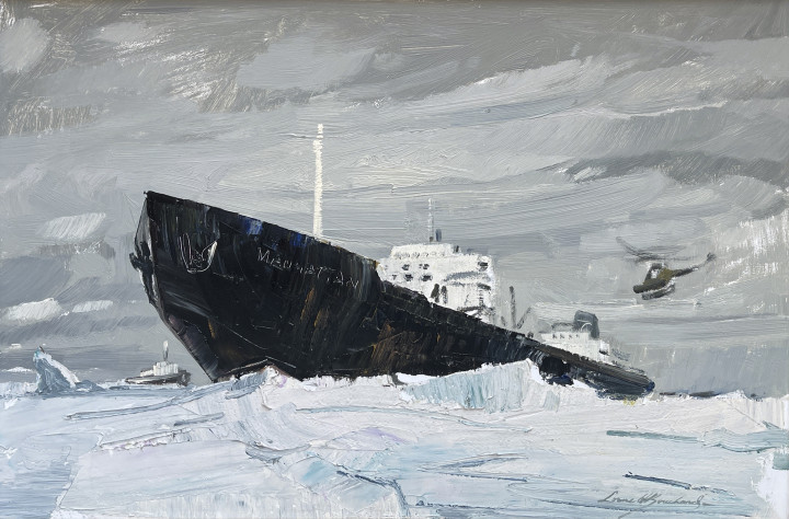 Lorne Bouchard The SS Manhattan & The Northwest Passage at Resolute Bay, 1969 (September 6th) Oil on panel 12 x 18 in 30.5 x 45.7 cm